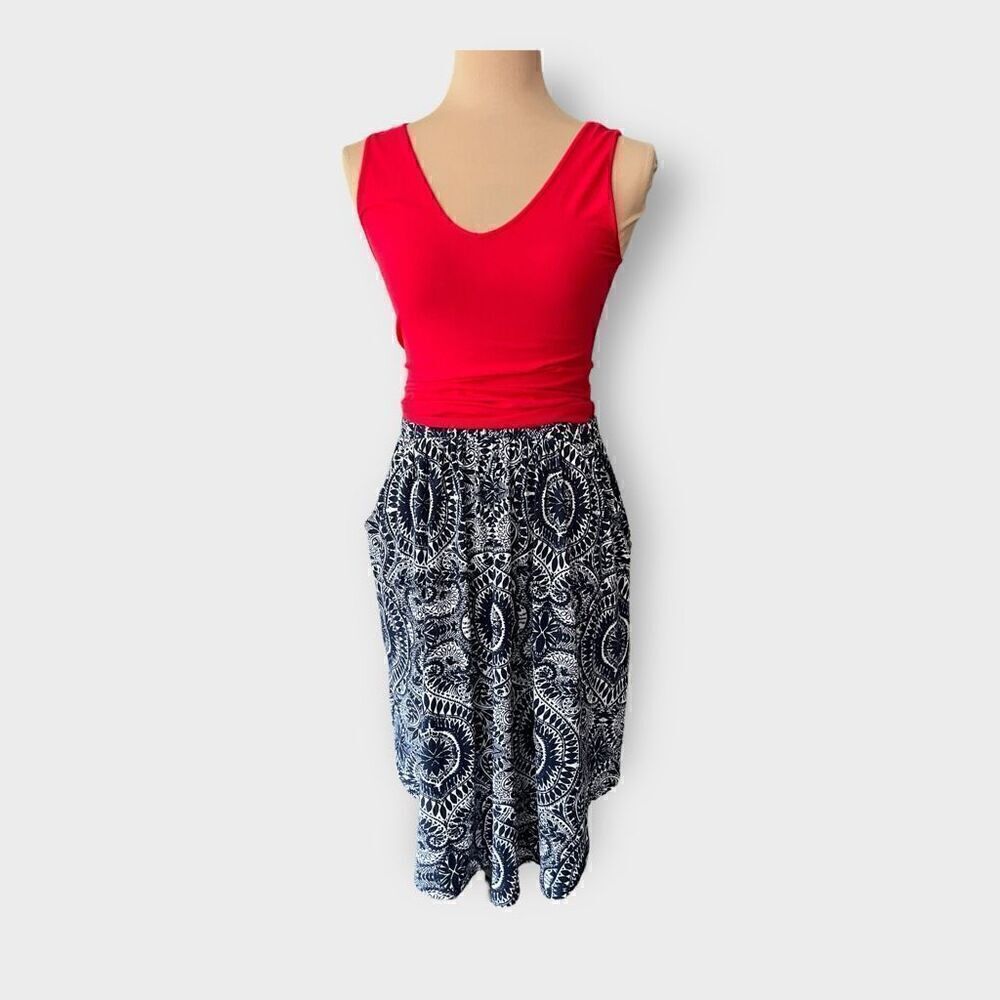 Bobeau Women’s Navy and White Print High Low Elastic Waist Skirt Size Medium